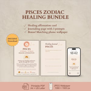 Pacote de Cura do Zodíaco de Peixes | Cartão de Afirmação, Página de Diário e Papel de Parede | Download Instantâneo