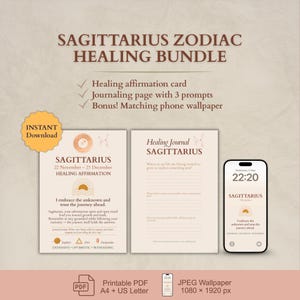 Kit de Cura do Zodíaco Sagitário – Diário para Imprimir, Cartão de Afirmação e Papel de Parede para Celular | Presente Astrológico para Autorreflexão