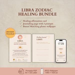 Pacote de Cura do Zodíaco Libra | Cartão de Afirmação + Lembrete de Diário + Papel de Parede para Celular | Impressão Digital de Autocuidado