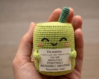Positive Matcha Crochet Plush, Emotional Support Matcha Latte, Handmade Matcha Lover Gift, Cute Desk Decor, Cheer Up Gift for Friend