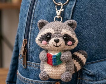 Funny Raccoon with Book Crochet Keychain, Chaos Raccoon Amigurumi, Gothic Cute Bag Charm, Unique Gift for Friend, Desk Pet Plush