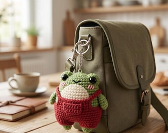 Crochet Frog in Overalls Keychain, Mini Amigurumi Froggy Plush, Cute Backpack Charm, Handmade Frog Lover Gift, Cottagecore Aesthetic