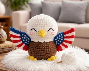 Handmade American Eagle Crochet, 250 Years of Independence Gift, Patriotic Desk Buddy, Red White and Blue Decor, US Pride Plushie