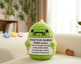 Positive Crochet Dino Plush, Emotional Support Dinosaur, Cute Keychain Gift, Mini Amigurumi Animal, Easter Gift Idea for Kids Friend