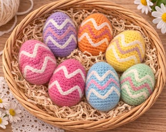 Amigurumi Crochet Easter Eggs, Pastel Zigzag Egg, Handmade Easter Basket Decor, Spring Crochet Gift