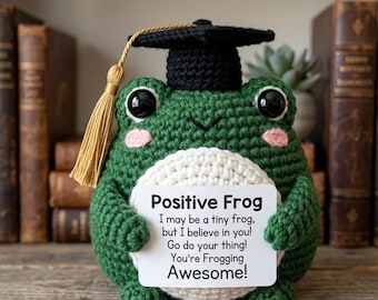 Handmade Crochet Graduation Frog, Cute Amigurumi Frog with Cap and Gown, Class of 2026 Grad Gift, Funny Emotional Support Froggy
