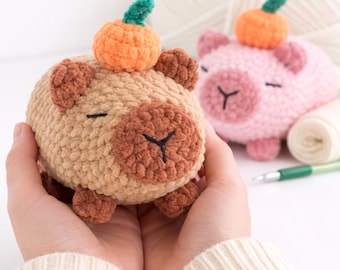 Capybara Amigurumi Plush, Crochet Capybara with Pumpkin, Cute Fall Animal Plush, Handmade Kawaii Gift, Soft Stuffed Toy