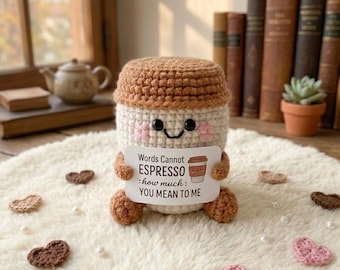 Crochet Coffee Cup Plush, Emotional Support Gift, Cute Amigurumi Coffee Toy, Motivation Card Gift, Kawaii Desk Decor Handmade