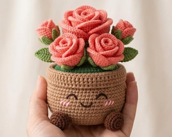 Positive Rose Crochet, Mother's Day Flower Pot, Handmade Inspirational Gift, Cute Office Desk Decor, Small Plushie for Anxiety