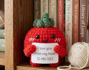 Cute Crochet Tomato Plush Toy, Positive Gift with Card, Emotional Support Food Plush, Custom Amigurumi Gift Idea Handmad