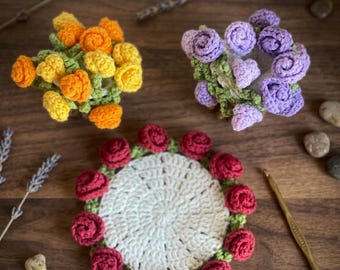 Handmade Crochet Rose Coaster Set with Basket, Floral Flower Cup Holder, Cute Table Decor, Mother's Day Gift for Her, Aesthetic Gift