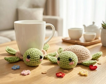 Crochet Turtle Coaster, Amigurumi Turtle Plush Coaster, Handmade Kawaii Animal Decor, Cute Gift for Turtle Lover, Home Decor