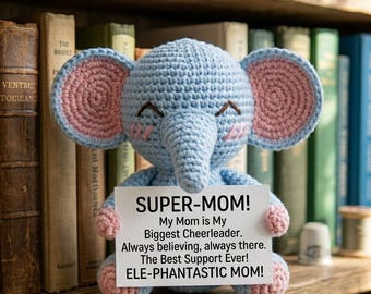 Positive Blue Elephant, Mother's Day Crochet Gift, Personalized Elephant Plush, Cute Office Decor for Mom, Comfort Gift for Her