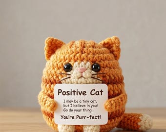 Handmade Positive Cat Plush, Crochet Motivational Orange Cat, Tiny Desk Decor, Mental Health Gift, Cute Birthday Gift for Cat Lover