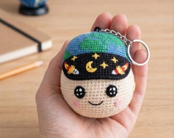 Crochet Rise Keychain Set, Earth and Moon Amigurumi, Space Themed Bag Charm, Zero Gravity Indicator Plush, Gift for Astronaut Fan