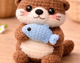 Cute Crochet Otter Plushie with Fish, Amigurumi Animal Doll, Handmade Kawaii Toy, Unique Gift for Otter Lovers