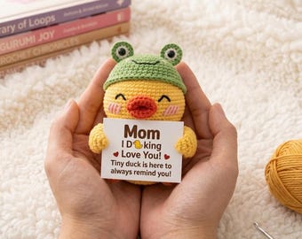 Handmade Duck in Frog Hat Plushie, Mom I Ducking Love You Gift, Positive Crochet Animal, Cute Desk Decor for Mom, Mother's Day Gift