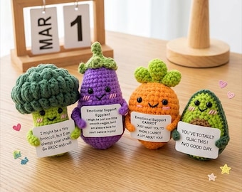 Crochet Vegetable Plush Set, Carrot Avocado Eggplant Broccoli Amigurumi, Emotional Support Gift, Cute Desk Buddy, Handmade Decor