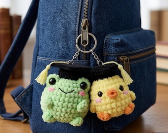 Graduation Chick and Frog Crochet Keychain, Class of 2026 Grad Gift, Cute Amigurumi Bag Charm, Senior Graduation Keepsake Plushie