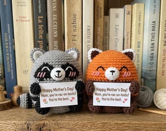 Positive Crochet Raccoon and Red Panda, Handmade Birthday Gift for Kids, Cute Amigurumi Plush, Small Inspirational Gift