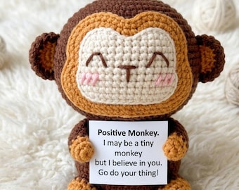 Positive Crochet Monkey, Emotional Support Monkey Plushie, Handmade Desk Buddy, Inspirational Gift for Friend, Cute Animal Decor