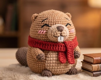 Crochet Beaver Keychain with Scarf, Handmade Emotional Support Beaver, Cute Amigurumi Animal Charm, Positive Encouragement Gift