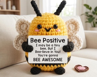 Positive Crochet Bee Gift, Cute Amigurumi Bee Plush, Emotional Support Toy, Bee Kind Desk Buddy, Mental Health Gift for Her Friend
