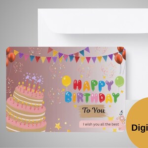 Cartão de Feliz Aniversário Colorido – Design Divertido de Bolo e Balão – Cartão de Aniversário para Imprimir – Download Digital