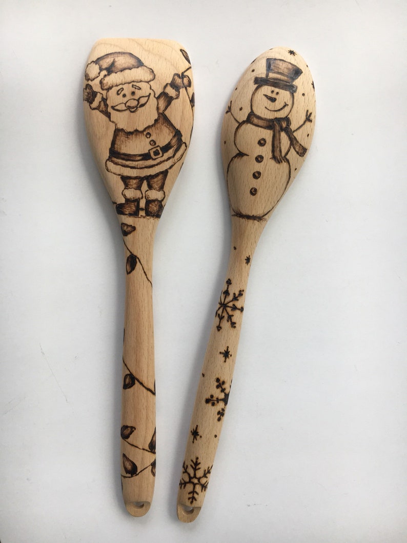 Holiday Wood Burned Two Piece Utensil Set Let it Snow with Snowman Merry Christmas with Santa