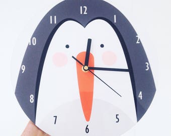 Pinguin Wall Clock , kids room decor, Pinguin wall art, Animal-face-clock, Black and white nursery