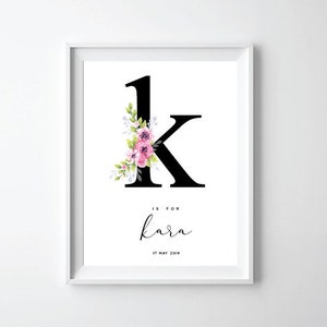 Impressão inicial floral, pôster K - impressão de letras personalizadas com monograma personalizado, decoração de berçário, arte de parede de berçário de bebê, decoração de quarto infantil, 11 * 14