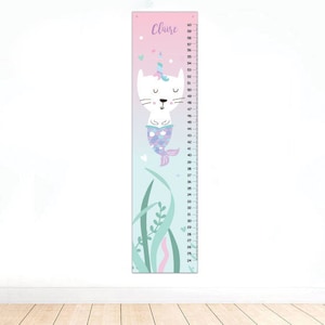 Gepersonaliseerde kat zeemeermin groeimeter, Teal Purple Mermaid hoogtemeter, onder de zee groeimeter, zeemeermin kwekerij