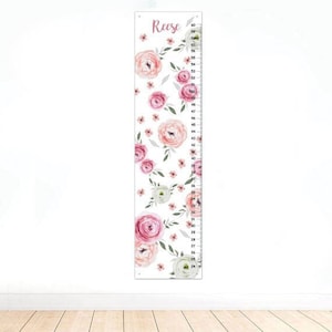 Courbe de croissance florale de filles personnalisées, courbe de croissance de toile, roses roses d'aquarelle de fard à joues, décor de pépinière de fard à joues, cadeau de douche de bébé