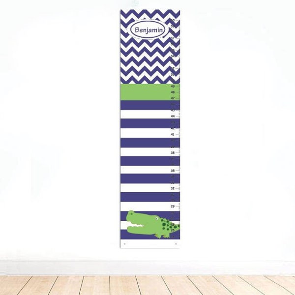 Chevron GROWTH CHART Blue and Green Alligator Boys Bedroom Baby Nursery Wall Art