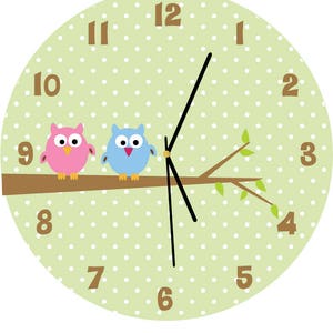 Owls Wall Clock - Green background with with polka dots