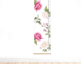 Personalized Floral Growth Chart, Canvas Height Chart, Pink Watercolor Roses, Floral Nursery Decor, pink rosebud