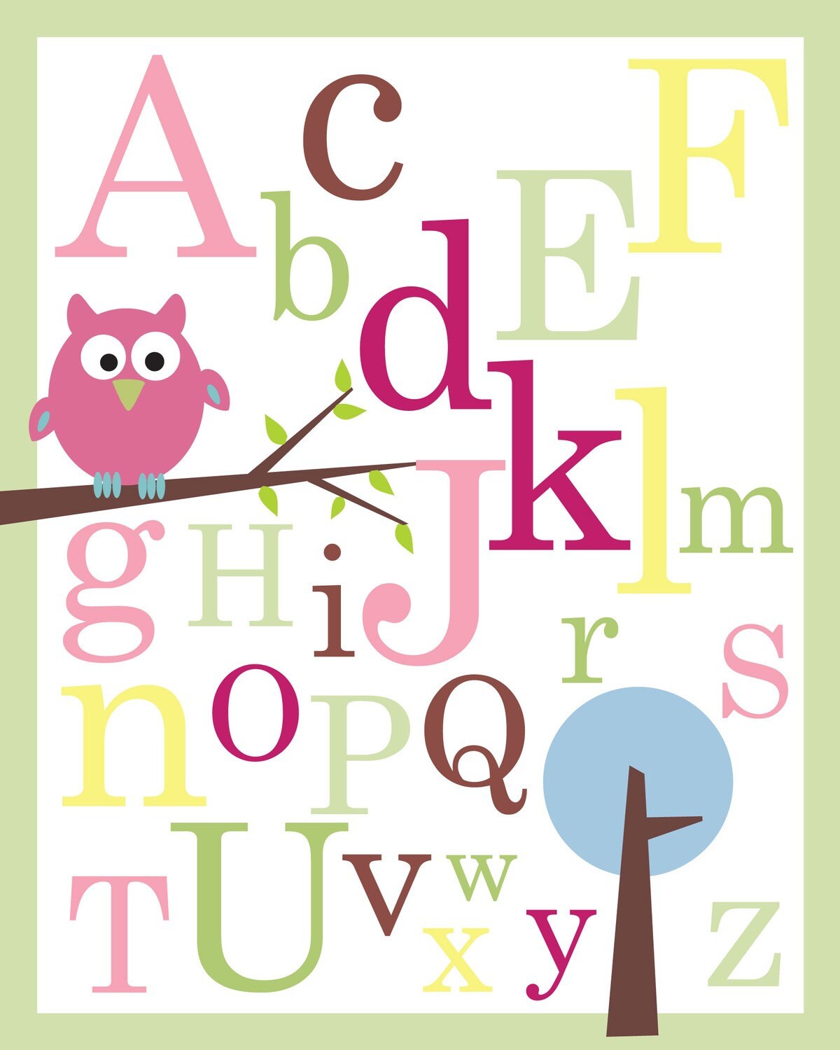 Pink Owl Nursery Art Decor, Alphabet ABC Poster print 8X10, Kids Print, Baby Room Print