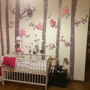 Birch Tree Forest Wall Decal, Owls on Birch Tree Branch Wall Vinyl Sticker for Kids Bedroom, Birch Forest Nursery Wall Art,