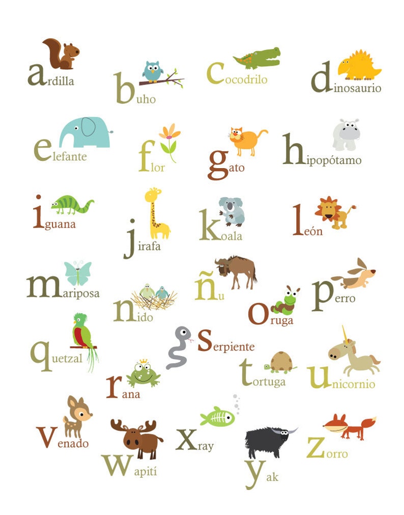 Spanish Nature Themed Alphabet 11X14 Set of 2 Posters Spanish ABC and 123 Animals image 1