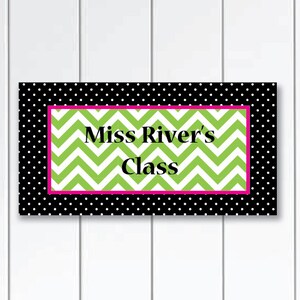 On SALE this week personalized teacher door sign - chevron theme black with small white dots