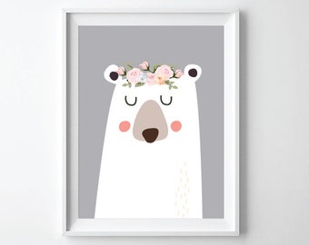 Woodland Animals Nursery Art Print- Bear Nursery Decor, New Baby Print, Bear Art Print, Baby Girl Nursery, printable bear