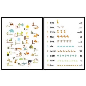Set of 2 Prints - Art for Kids room or Nursery - ABC and 123 Animals - 11X14