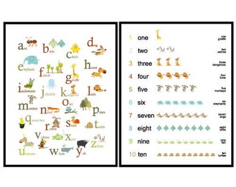 Set of 2 Prints - Art for Kids room or Nursery - ABC and 123 Animals - 11X14