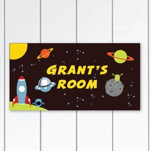 Outer-space Personalized DOOR SIGN Plaque for Boys, Children Bedroom Wall Art with UFO, Stars, Spaceship and Monster