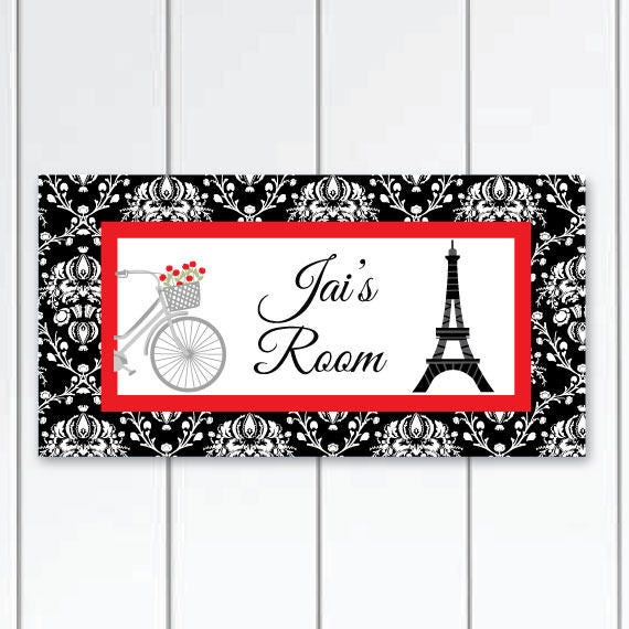 Eiffel Tower In Black Red And White Damask Pattern Door Sign Paris Bedroom Decor Eiffel Tower Damask Pattern Door Sign Personalized Gift