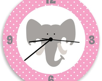 Elephant Pink Baby Girl Nursery WALL CLOCK, Cute Elephant Head, White Polka Dots and Pink Back, Girls Wall Decor with Elephant