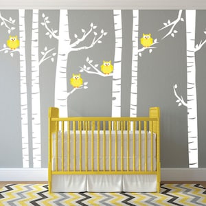 Yellow Owls and White Birch Tree Forest Wall Decal, Birch Tree Wall Vinyl Sticker for Nursery, Birch Forest Kids Wall Art,