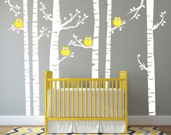 Yellow Owls and White Birch Tree Forest Wall Decal, Birch Tree Wall Vinyl Sticker for Nursery, Birch Forest Kids Wall Art,