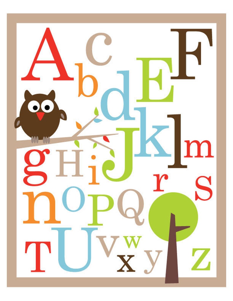 May include: A colorful alphabet poster with a brown owl perched on a branch with green leaves. The letters are in different colors and sizes, with a green tree in the bottom right corner.