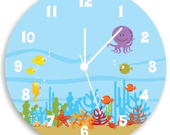 Kids Wall Clock, Ocean theme Children Room Decor, Life Under the Sea WALL CLOCK for Girls Bedroom